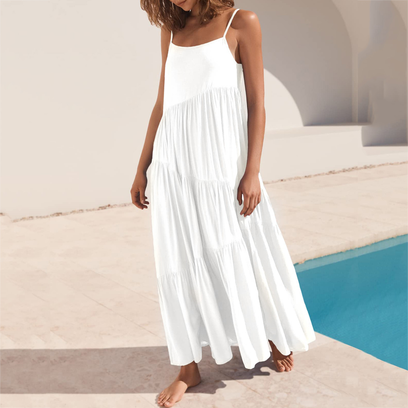 thumbnail image 4 of Vestido largo con tirantes finos para mujer - Pareo estampado para la playa - Vestido camisero holgado de poliéster - Ropa informal de verano, 4 of 6